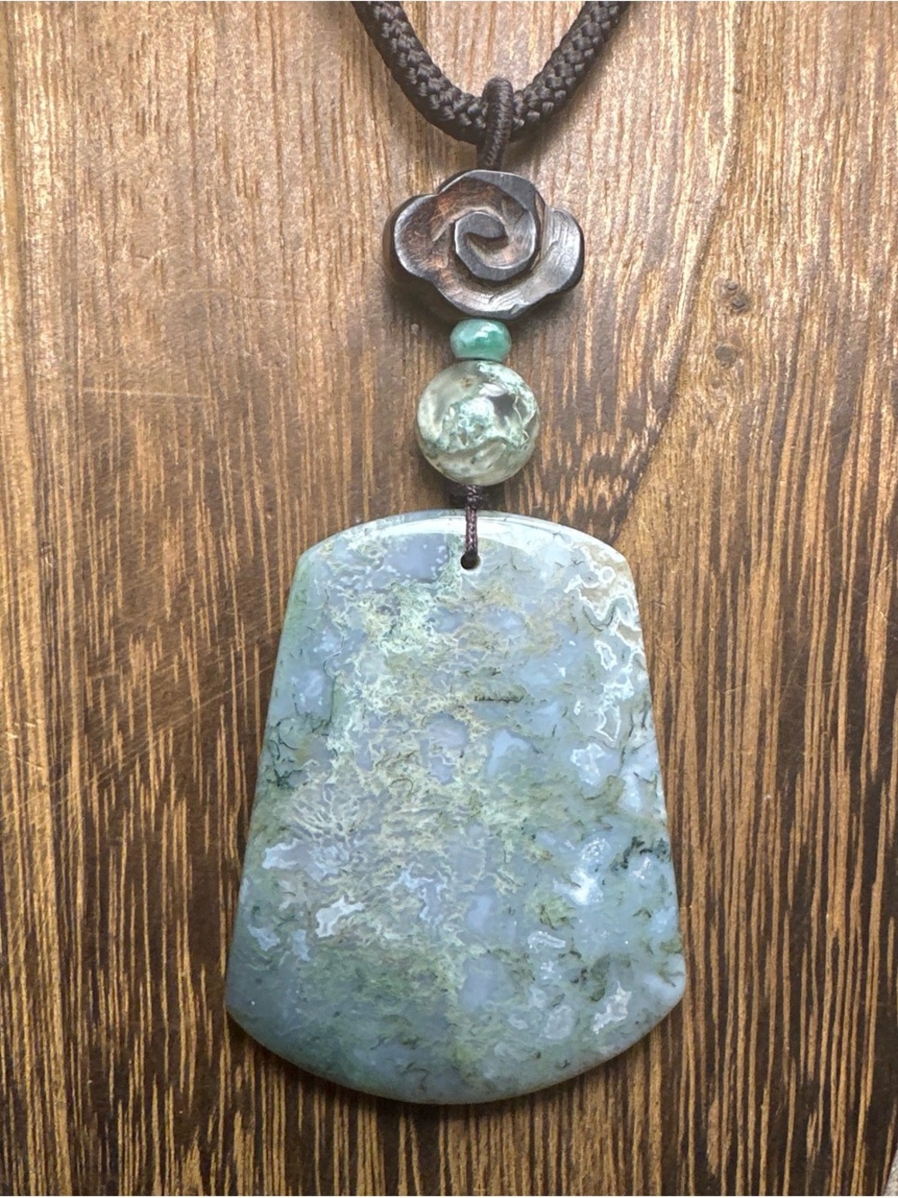 Moss Agate Pendant Necklace on Brown Adjustable Rope